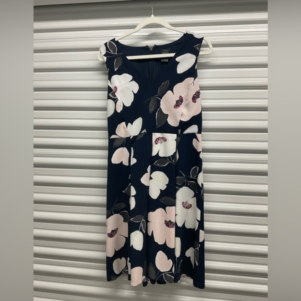 Ann Taylor Navy and Pink Floral Midi Dress Size M